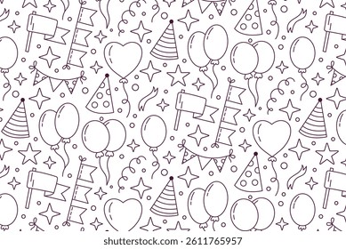 A seamless black and white party pattern in line art style. Features simple festive elements such as ribbons, stars, garlands, and balloons. Great for coloring pages, stationery, backgrounds, and mini