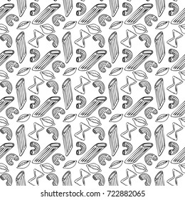 Seamless black and white pasta pattern cartoon style hand drawing