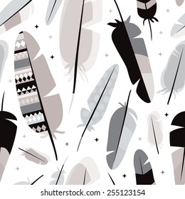 Seamless black white and pastel gray indian summer feathers illustration background pattern in vector