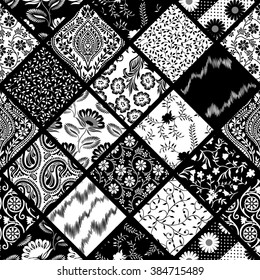 seamless black and white patchwork with floral  ornament