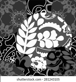 seamless black and white patchwork pattern with flowers - stock vector