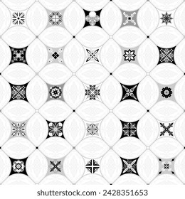 Azulejos de mosaico blanco y negro sin costuras con motivos islámicos, árabes, indios y otomanos. Baldosas de cerámica de mayólica. Decoración portuguesa y española. Azulejo. Baldosas de cerámica estilo Talavera. Azulejos de mosaico