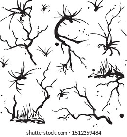 Seamless black and white pattern. Abstract texture from blots and branches for Halloween. Web endless pattern for fabric, tile, wrapping paper, wallpaper.