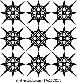 seamless black and white pattern of abstract symmetric shapes periodically repeating for prints on fabric, packaging, walls
as well as for interior decoration or floor tiles
