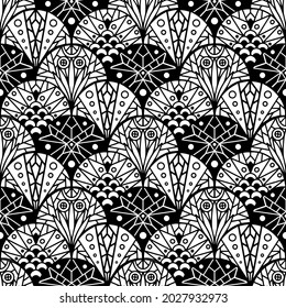 Patrón blanco y negro impecable con formas triangulares geométricas abstractas con ornamento. Se puede utilizar para papel textil, estacionario, fondo y papel pintado, envolver papel. 