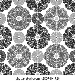 Seamless black and white pattern with abstract geometric circular shapes with ornament. Can be used for textile, stationary, backgrounds and wallpaper, wrapping paper. 