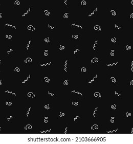 Seamless black and white pattern with abstract simple doodle elements. Dotted curls and zigzags. Vector endless texture