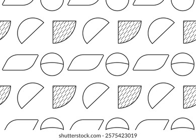 Seamless black and white pattern with abstract semi-circles, ovals, and lines, perfect for creative coloring.