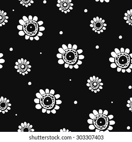 Seamless black and white pattern with abstract flowers 