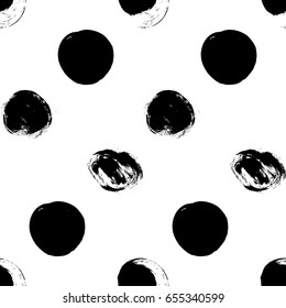 Seamless black and white pattern with abstract circles. Doodles brush strokes textile