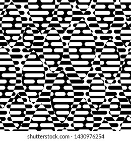 Seamless black and white pattern. Abstraction, consisting of segments of different lengths and ovals. Vector illustration.