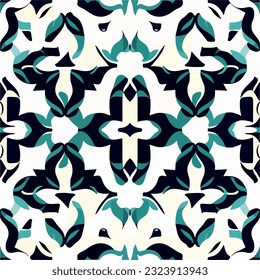 Seamless black and white pattern adorned with green leaves, showcasing symmetrical design and sense of nature inspired elegance.