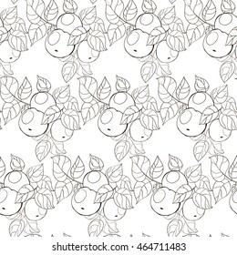 Seamless black and white pattern of apples with leaves on a white background. Can be used for packaging,invitations,textile design, template, etc