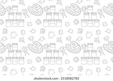 Seamless black and white pattern of art supplies including paint jars, palettes, and leaves for coloring books and school projects.