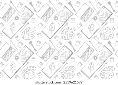 Seamless black and white pattern of art supplies and coloring pages. Ideal for back-to-school designs, coloring books, and educational materials.