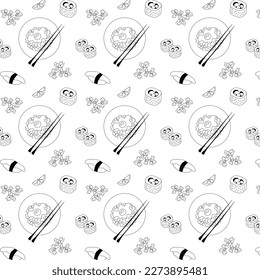 Patrón blanco y negro sin foco de la comida asiática, arroz, marisco, palillos, sushi. Imagen vectorial de doodle dibujada a mano. Diseño para papel pintado, portada, volante, menú, impresión, embalaje. 