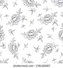 seamless black and white pattern with beautiful peony flowers and leaves as gentle floral background