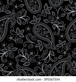 Seamless black and white pattern with berries and paisley. Traditional ethnic  ornament - vector picture.
