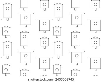 Seamless black and white pattern with birdhouses