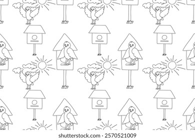 Seamless black and white pattern of birds with birdhouses, clouds, and suns, ideal for coloring books and creative use.