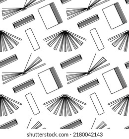 Seamless black and white pattern with books. A set of books in various positions: closed, open, vertically and horizontally. The book is a source of knowledge and experience