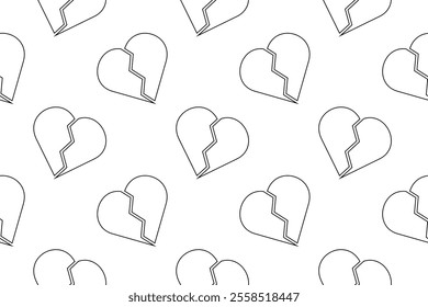 Seamless black and white pattern of broken hearts, designed for childrens coloring and creative activities.