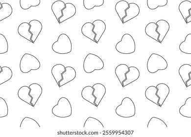 Seamless black and white pattern with broken and whole hearts, designed for coloring activities and crafts.