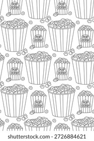 Patrón blanco y negro sin fisuras con cubos y paquetes de palomitas de maíz. Fondo en estilo doodle con bocadillos 