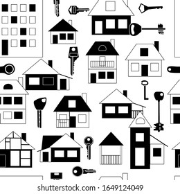 Diseño blanco y negro sin inconvenientes con edificios y llaves. 