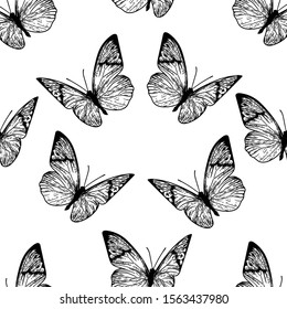 Seamless black and white pattern of butterflies on white background.	