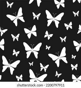 Patrón blanco y negro impecable con mariposas. Ilustración vectorial.