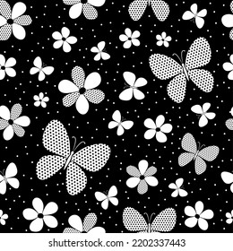 Seamless black and white pattern. Butterflies and flowers background. Vector illustration Design for web, wallpaper, wrapping, textile, fabric fashion
