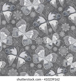 Seamless black and white pattern with butterflies. Vector picture.