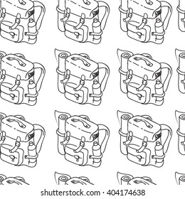 Seamless black and white pattern with camping backpacks. Vector illustration. Hiking backpacks
