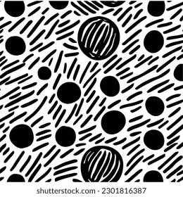 seamless black and white pattern with cartoon spherical shape, in the style of small brushstrokes, clever use of negative space, primitivist, rounded, loose gestures, minimalist backgrounds, african