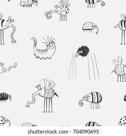 Seamless black and white pattern with cartoon bugs. Fictional funny insects on white background