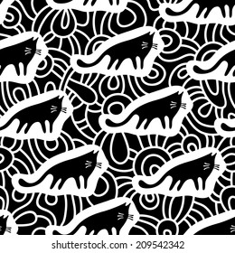 Seamless black and white pattern with cats on openwork background. 