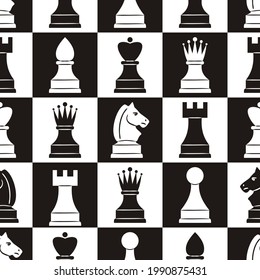 Seamless black and white pattern with chess pieces on board. Sports background in a hand drawn style. Vector illustration for the design of sports chess projects.
