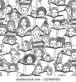 Seamless black and white pattern of children reading books, "back to school" vector background with diverse school kids