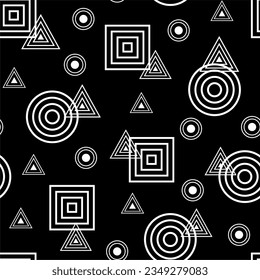 Seamless black and white pattern with circles squares triangles. Geometric background. Vector illustration. Design web cover wallpaper wrapping print 