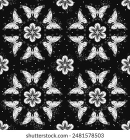 Seamless black and white pattern with circular ornament with chamomile flower in center, fantasy butterfly with curled antennae. Geometric background. Art Nouveau style.