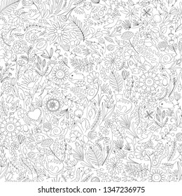 seamless black and white pattern, coloring page, small doodle elements of flora and fauna