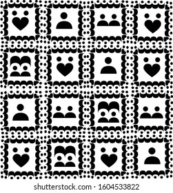 Seamless black and white pattern consisting of smaller squares, various ornaments with people, heart symbol of love. Ornament collage picture frames. Vector stock illustration