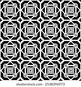 Padrão preto e branco contínuo, consistindo de formas geométricas simples com linhas. Adequado para fundos, papéis de parede, têxteis e vários projetos criativos.