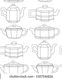 Seamless black and white pattern with contour clay teapots in row. Chinese tea ceremony. Linear drawing of kettles. Vector texture for wallpapers, backgrounds and your creativity.