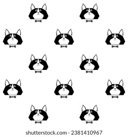 Seamless black and white pattern of corgi muzzle. Vector illustration.