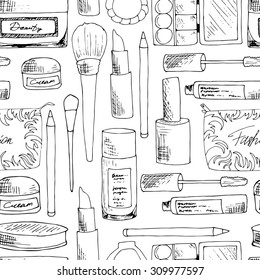 Seamless black and white pattern with cosmetic. Hand drawing doodle. Vector illustration.