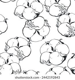 Seamless black and white pattern of cotton flowers. Botanical illustration using engraving technique. Vector ink sketch. Illustration suitable for fabric, textile