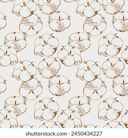 Seamless black and white pattern of cotton flowers. Botanical illustration using engraving technique. Vector ink sketch. Illustration suitable for fabric, textile