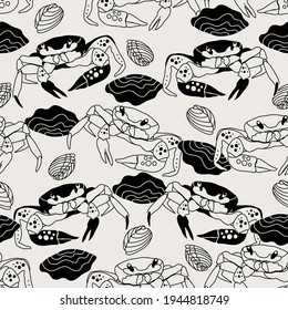 seamless black and white pattern with crab and sea shells, vector design for paper, fabric and other surfaces